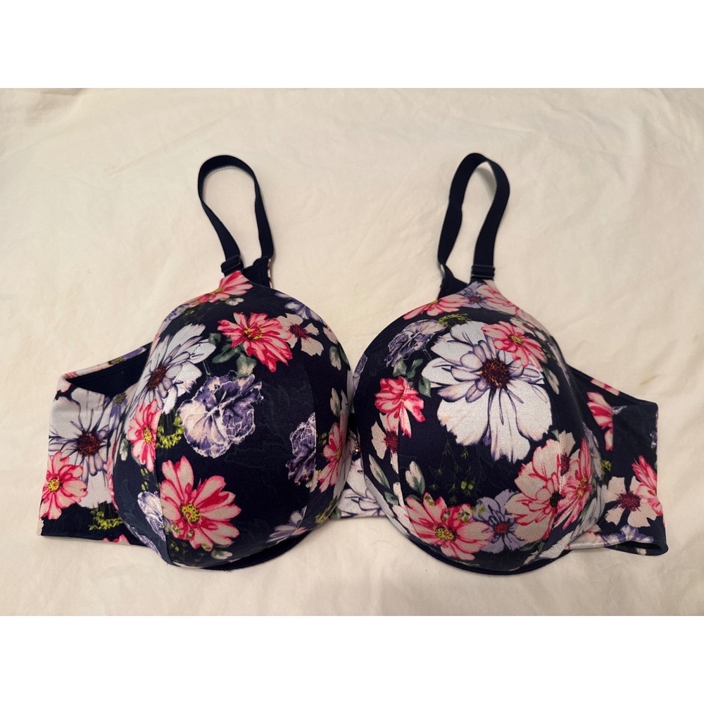 Cacique Navy Blue Floral Underwire Bra 46DD Pink White Flower Print Adjustable